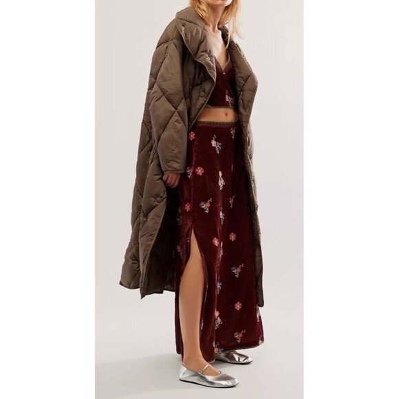 Free People Sz M Sonja Skirt Tank Set Maxi Brown Velvet Floral Boho Festival New - Picture 3 of 10